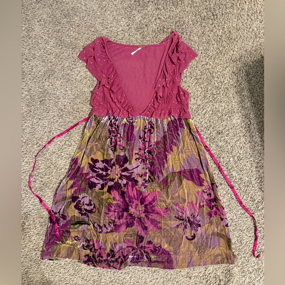 Free People Velvet and Sheer Top Dress in Pink and Purple Floral